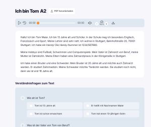 Snímek obrazovky cvičení čtení